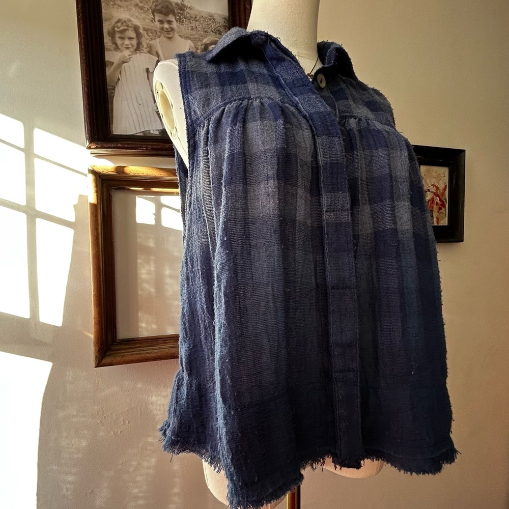 Free People Plaid Sleeveless Button Down Blue Grey Small